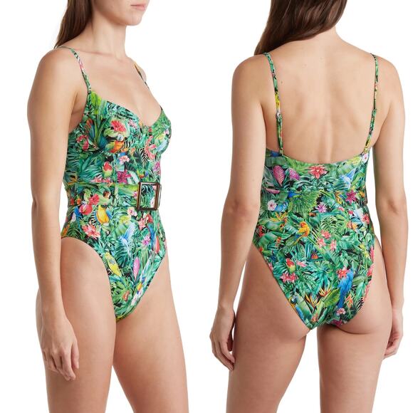 NWT Weworewhat Danielle One Piece Swimsuit Palm Green Size XS Tropical Belted - Picture 6 of 16